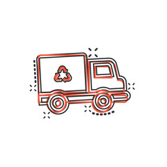 Garbage truck icon in comic style. Recycle cartoon vector illustration on white isolated background. Trash car splash effect sign business concept.
