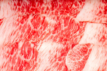 Sliced  beef with marbled texture, Sliced lean meat red beef on white background, Asian BBQ food style.	