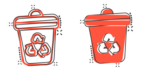 Garbage bin icon in comic style. Recycle cartoon vector illustration on white isolated background. Trash basket splash effect sign business concept.