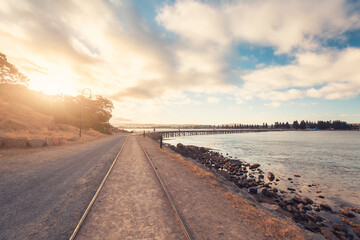 Victor Harbor causeway viewed from the Granite Island at sunset time, Fleurieu Peninsula, South Australia
