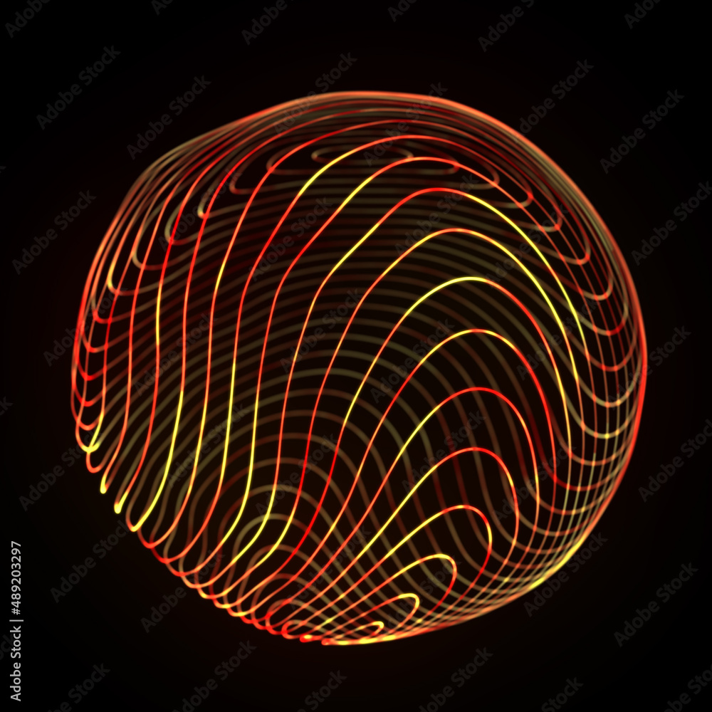 Poster Wireframe red sphere with twisted lines. Futuristic technology circle with twisted glowing lines. Abstract 3d logo. Illustration of curled stripes shape.