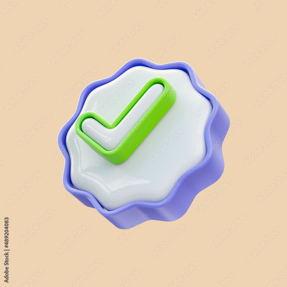 Poster realistic glossy checkmark badge icon 3d render for like or correct and ok