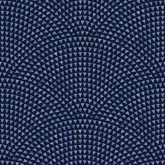 Vector seamless pattern with fish scale order. Small blue watercolor painted triangular elements on a dark indigo background. Peacock tail ornament, fan shaped print © L. Kramer