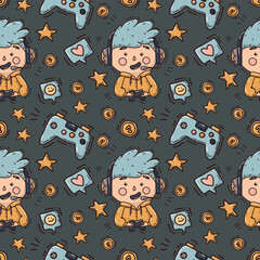 cute seamless pattern with character, game streamer © Anastasia Teriohina