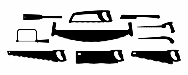 Vector illustration hacksaw black and white silhouettes isolated on white background. Different types of carpenter or repairmen handsaw vector icons set. Construction tool for cutting metal and tree.