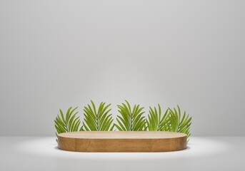 Wood product display podium with leaf. 3d rendering.