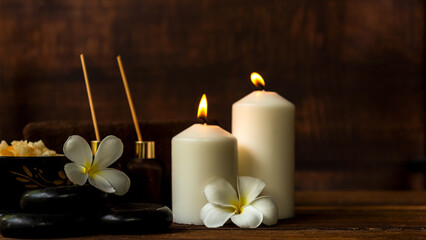 Obraz na płótnie Canvas Thai spa massage. Spa treatment cosmetic beauty. Therapy aromatherapy for care body women with candles for relax wellness. Aroma and salt scrub setting ready healthy lifestyle