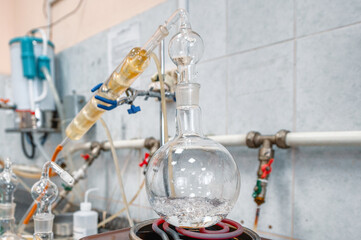 Process of alcohol distillation with glassware and heater