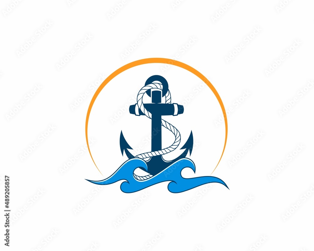 Wall mural anchor on the sea wave illustration logo