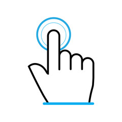 Click here the hand button. Finger click icon. Hand action button. Computer mouse hand pointer symbol. Hand button for website design. SVG click here hand button.	