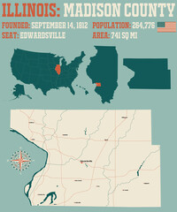 Large and detailed map of Madison county in Illinois, USA.