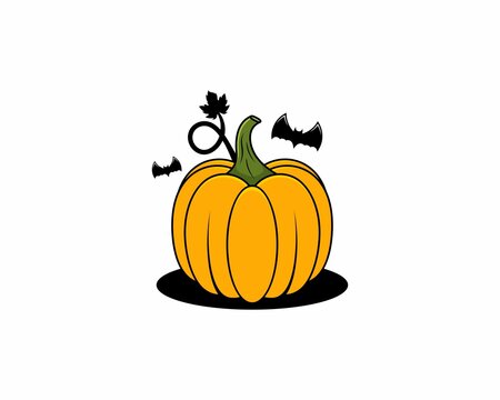 Pumpkins with flying bats surrounding illustration