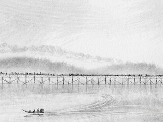 Sketch image : Mon bridge ,Beautiful landmark and Famous Wooden bridge on fine printing paper, Sangkhaburi ,Kanchanaburi ,Thailand