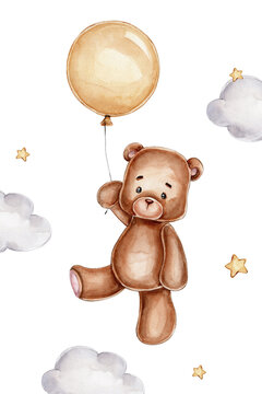 Naklejka Cute teddy bear and balloon  watercolor hand drawn illustration  with white isolated background