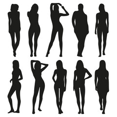 Women silhouette vector illustration. Female poses set.