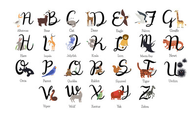 Naklejka premium Set with full English alphabet, with animal names from a to z. Hand drawn cute childish animals and capital calligraphy letters in cartoon flat design, isolated on white vector illustrations