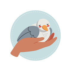 Hand drawn vector illustration with little bird in human hand, flat design. Concept of taking care of the Planet