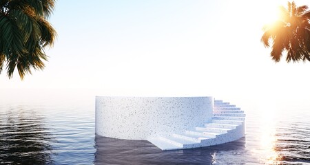 3D Podium staircase scene on Palm beach. Ceramic background cylinder forms on water with palm. 3d rendering illustration.