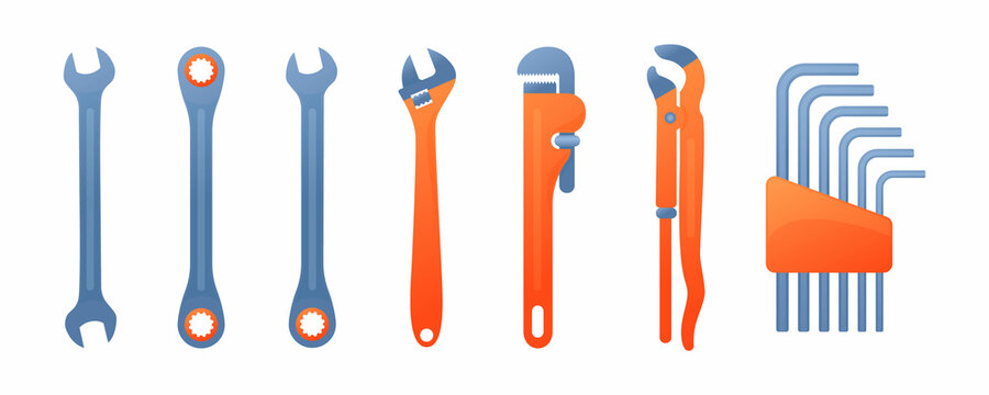 Vector illustration various wrench spanners isolated on white background. Set of steel wrench icons in flat cartoon style. Metallic mechanic, plumber or engineer key tools. Alen wrench. Hexagon tools.