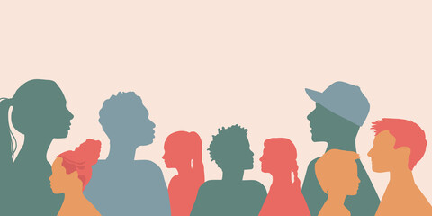cross cultural, racial equality, multi ethical, diversity children and teenagers. Head face silhouette in profile. Concept of study education and learning. Kindergarten or elementary school education