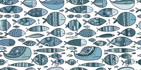 Funny fishes collection, ethnic ornament. Childish style. Seamless pattern for your design