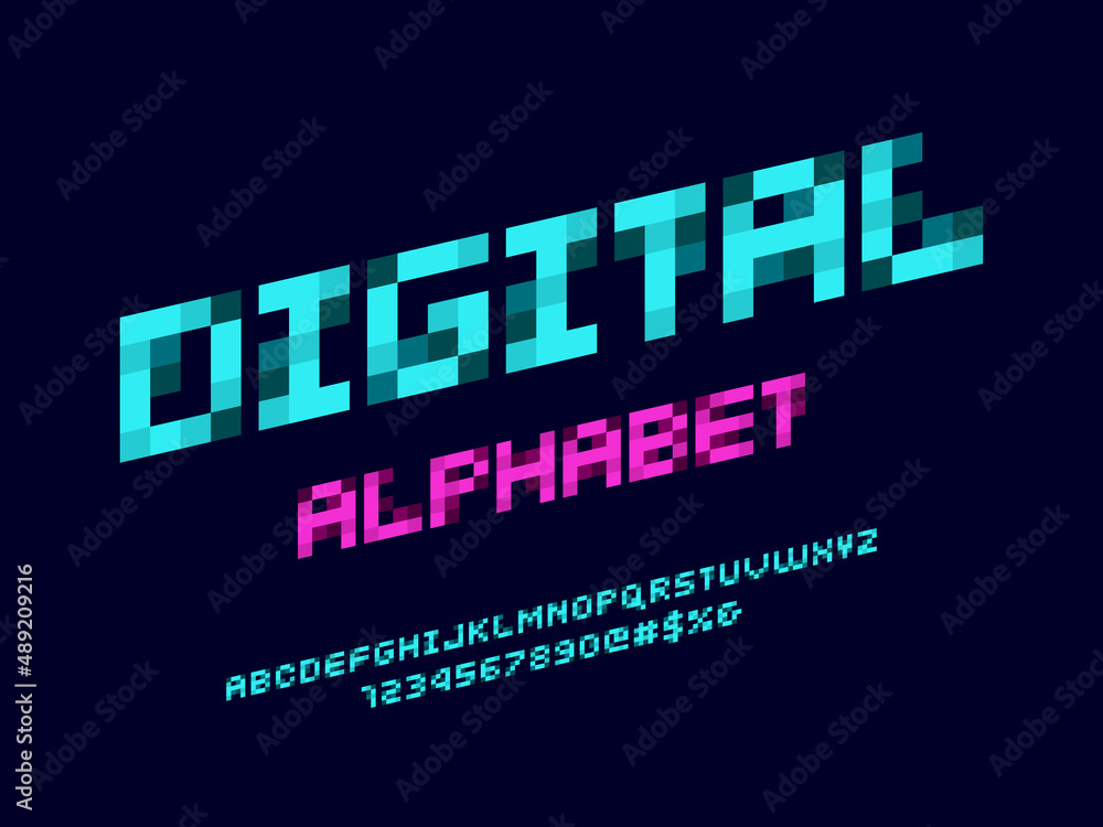 Poster 8 bit pixel style alphabet design with uppercase, numbers and symbol