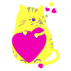 cute drawn cat in cartoon style with a heart, vector illustratio
