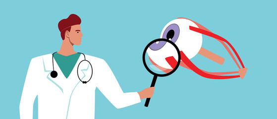 Ophthalmologist with magnifying glass and diagnosis of diseases of eye and optic nerve, flat vector stock illustration with doctor