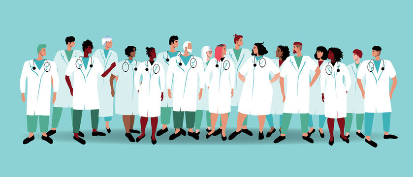 Group of doctors is isolated, flat vector stock illustration with doctors, nurses, interns or residents during teamwork or training