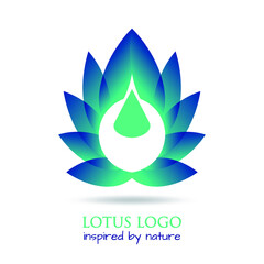 Stylized lotus flower with water drop as eco concept care by nature. Floral design emblem, logotype, label for wellness industry, spa or beauty salon. Vector lotus logo template, isolated on white