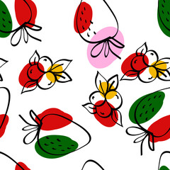 Pink and Green Berry Vector White Seamless