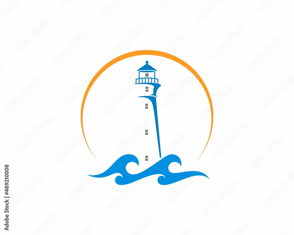 Sticker lighthouse and sea wave illustration logo