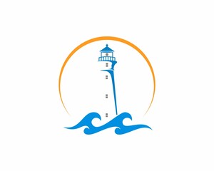 Lighthouse and sea wave illustration logo