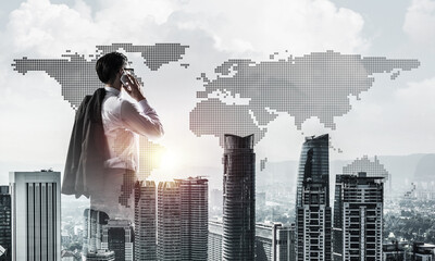 Concept of business success and control with confident boss against cityscape background