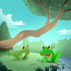 illustration of two cute frogs in green nature