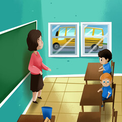 illustration of children in school with bus outside