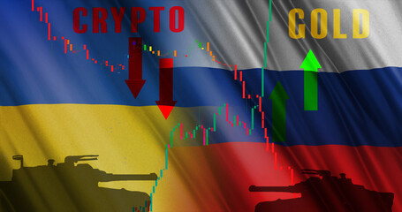 Ukrain and Russia flags war crisis and conflict. International situation theme severely affecting stock markets and crypto currency market is down and gold market is UP