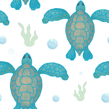 Sea turtle. Seamless pattern with sea turtle, bubbles and algae on a white background. Pattern for children's clothing, stationery and wallpaper. Drawn by hand.