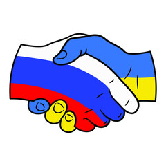 Peaceful handshake logotype. Hands in Russian and Ukrainian flag colors shaking. Support image against war between ukraine and russian federation. Gesture of peaceful relationship of nations