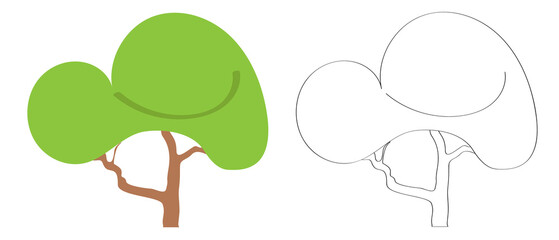 Tree with green leaves, flat vector cartoon illustration. Template for creating landscape summer design solutions, doodle contour drawing for children's coloring.