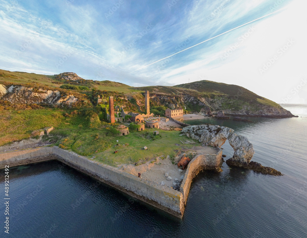 Poster aerial view of porth wen brickworks historical landmark in llanbadrig, wales