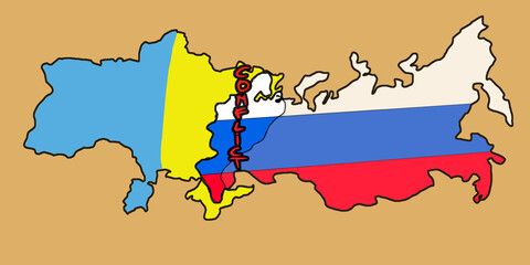 Obraz premium Ukraine and Russia banner on brown background with the words , STOP THE WAR, Russia-Ukraine Conflict