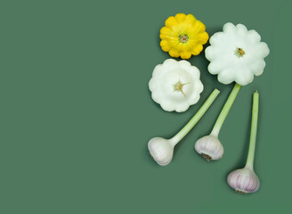 vegetables on a green background.Healthy food stickers.advertisement for a vegetarian lifestyle.garlic and zucchini with pumpkin. Ingredient for a healthy diet.vegetables of different sizes and colors