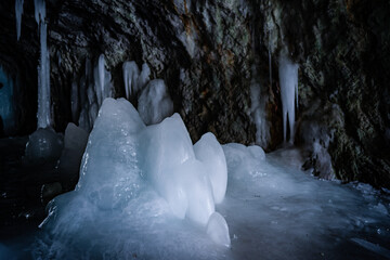 Blue crystal ice cave. The ice is thousands of years old and so packed it is harder than steel and...