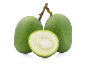 Green mango with cut in half isolated on white background. Clipping path.