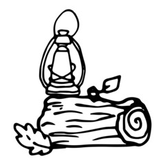 a log with a doodle-style lamp. hand-painted piece of wood log with fallen oak leaf and vintage lamp with handle,isolated black outline side view on white. Vintage forest element for a picnic