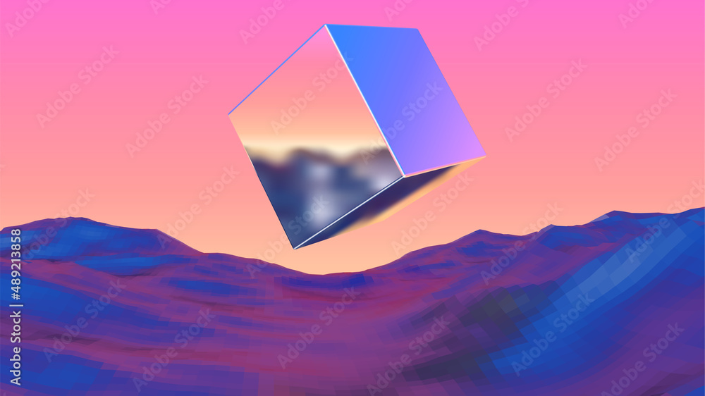 Poster Mysterious chrome cube flying over alien planet terrain. 80s styled retro sci-fi landscape with mountains and sundown.