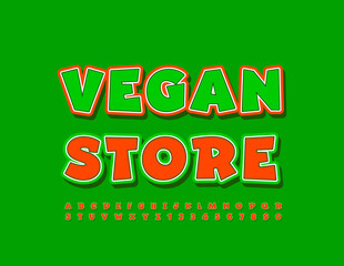 Vector bright Emblem Vegan Store.  Colorful Font. Trendy Alphabet Letters and Numbers set