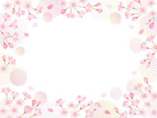 桜の花とカラフルなグラデーションのドットとストライプ柄の円の飾りフレーム