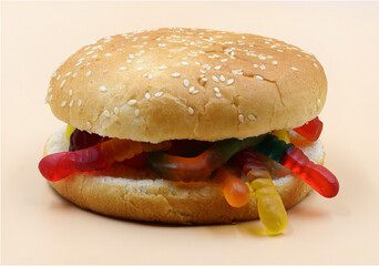 Close-up of a hamburger made with jelly beans